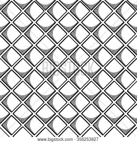 Abstract Seamless Geometric Pattern With Square Elements. Simple Black And White Linear Mosaic Textu