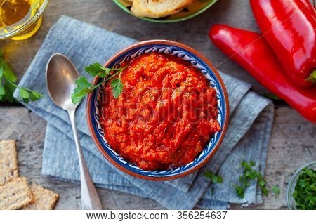 Vegetable Relish, Chutney, Lutenica, Pindjur. Traditional Balkan Food. Top View.