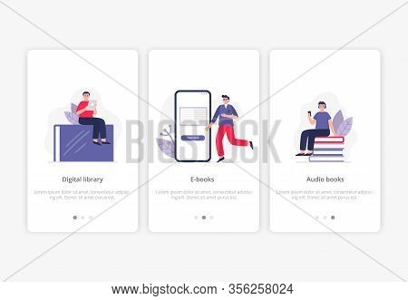 Set Of E-books Concepts. People With Giant Books And Phones Study Online, Read And Listen Books On T