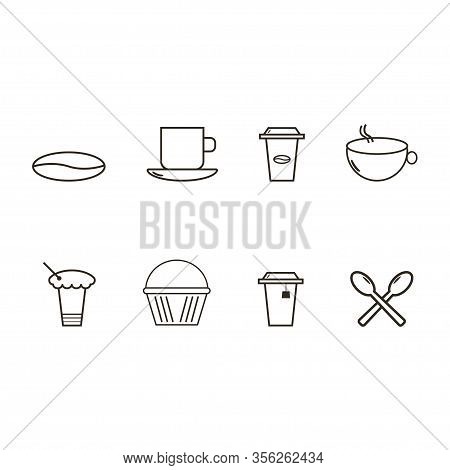 Set Of Food Linear Icons With Cup Of Coffee And Tee For Kitchen. Vector Eps 10