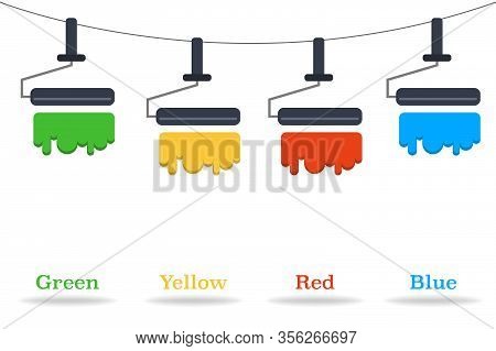 Set Of Painting Brush In Red, Green, Yellow And Blue Colors With Shadow And Text. Vector Eps 10