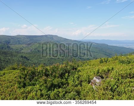 Fantastic Silesian Beskids Mountains Land Near Salmopol Pass View Above European City Of Szczyrk In 