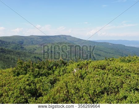 Quiet Silesian Beskids Mountains Land Near Salmopol Pass View Above European City Of Szczyrk In Pola