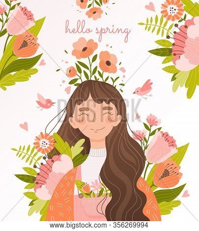 Hello Spring Floral Card Design With Young Girl With Flowing Long Brunette Hair Surrounded By Assort