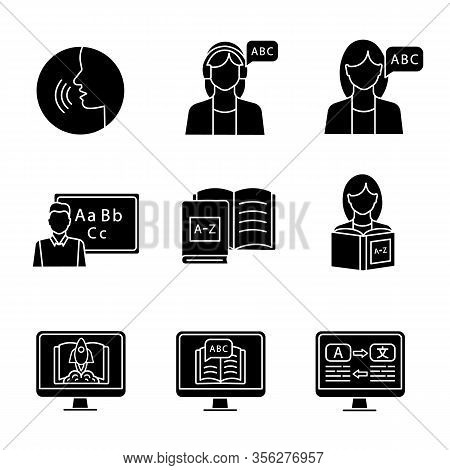 Foreign Language Learning Glyph Icons Set. Pronunciation, Listening, Teacher, Native Speaker, Books,