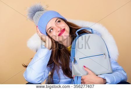 Fashion Accessory. Girl Adorable Model Showing Her Fancy Leather Backpack. Tender Combination. Match
