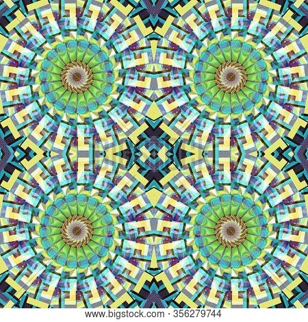 Bohemian Bright Polygon Mandala Mosaic Seamless  Pattern -  Abstract Geometrical Boho Chic Fractal B