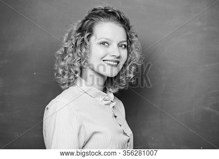 Good Teacher Is Master Of Simplification. Woman Teacher In Front Of Chalkboard. Passionate About Kno