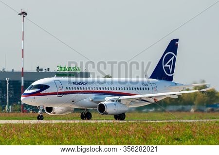 August 30, 2019. Zhukovsky, Russia. Russian Short-range Narrow-body Passenger Aircraft  Sukhoi Super
