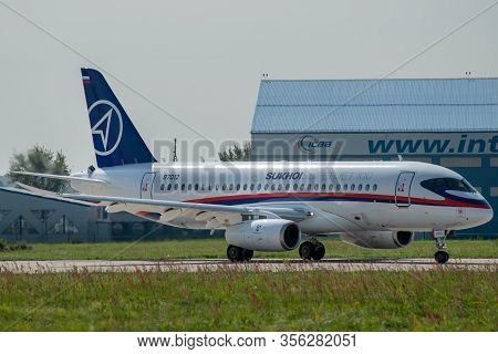 August 30, 2019. Zhukovsky, Russia. Russian Short-range Narrow-body Passenger Aircraft  Sukhoi Super