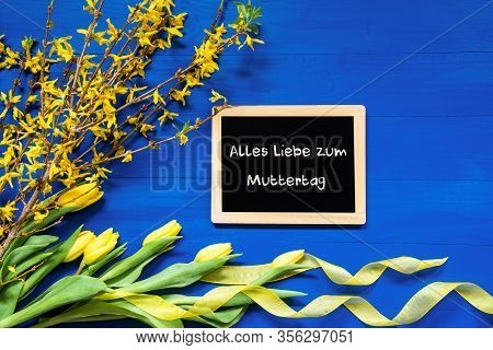Spring Flowers Decoration, Branch, Blackboard, Muttertag Mean Happy Mothers Day
