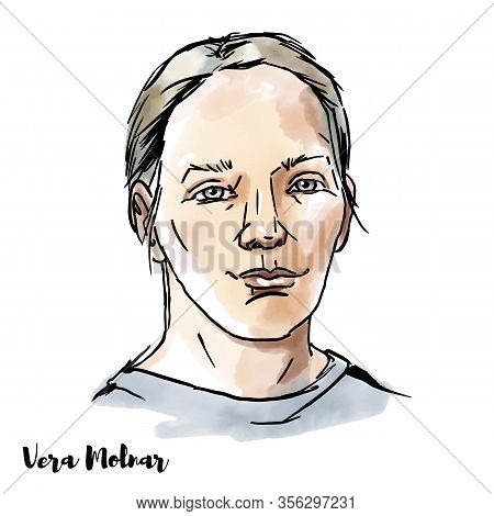 Vera Molnar Engraved Vector Watercolor Portrait With Ink Contours. Irish Poet And One Of The Foremos