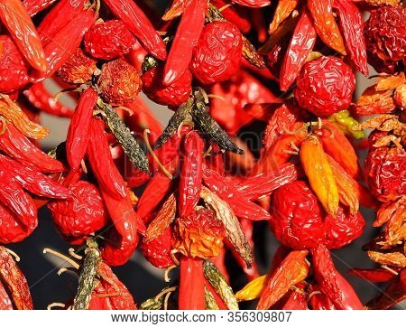 Dry Peppers: Pimientos Choriceros, Dry Hot Guindilla Peppers, And Piparras-basque Green Peppers Hang