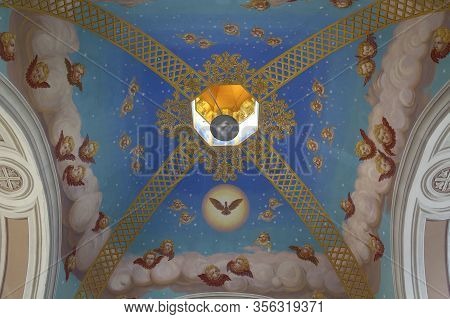 Kiev, Ukraine - June 5, 2018: Ceiling Painted Gazebo In The Courtyard Of St. Michael's Monastery