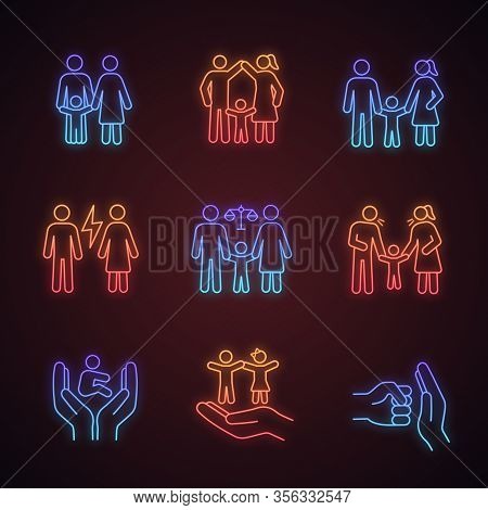 Child Custody Neon Light Icons Set. Childcare. Family Court, Quarrel, Parents Scolding Child, Childr
