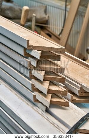 Joinery. Stacked Door Architraves. Wood Door Manufacturing Process. Furniture Manufacture.