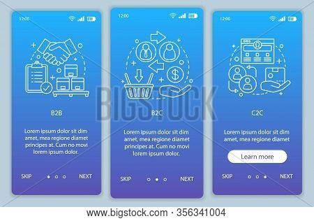 Business Models Onboarding Mobile App Page Screen Vector Template. B2b, B2c, C2c. Walkthrough Websit