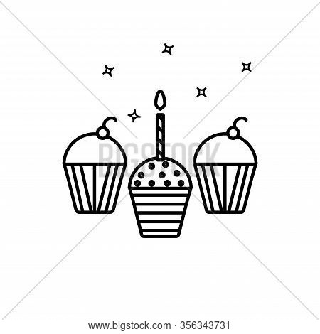 Simple Outline Birthday Party Cupcakes With One Candle Vector Icon. Muffin Cake Pastry Icon Isolated