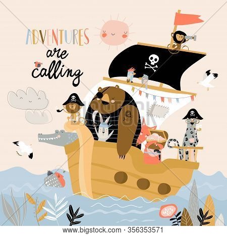 Cute Cartoon Animals Pirates Sailing In Their Ship