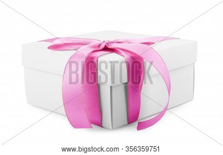 White Square Gift Box With Ribbon And Bow Isolated On Background