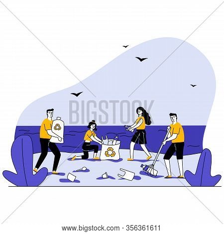 Family Collecting Garbage In Trash Bags On Ocean Beach Vector Illustration. Eco Volunteers Cleaning 
