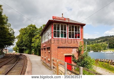 Lakeside, England - August 8:  The Railway Signal Box At Lakeside Railway Station On The Lakeside An