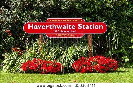 Haverthwaite, England - August 8:  The Destination Sign For Haverthwaite Station On The Lakeside And