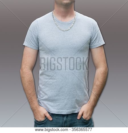 Mens Gray Tshirt Mockup With Caucasian Guy.   Man Wearing Silver Chain Necklace With Plenty Of Room 