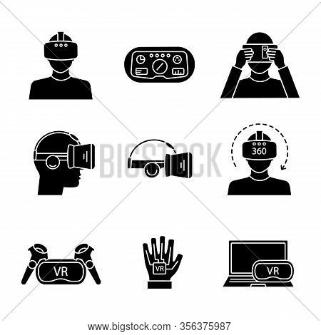 Virtual Reality Glyph Icons Set. Silhouette Symbols. Vr Games Players, Headsets, Controllers, Hud, G