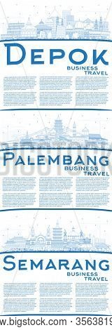 Outline Depok, Semarang, Palembang Indonesia City Skyline with Blue Buildings and Copy Space. Business Travel and Tourism Concept with Historic Architecture. Palembang Cityscape with Landmarks.