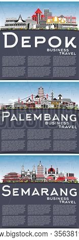 Depok, Semarang and Palembang Indonesia City Skylines with Gray Buildings, Blue Sky and Copy Space. Business Travel and Tourism Concept with Historic Architecture. Cityscapes with Landmarks.