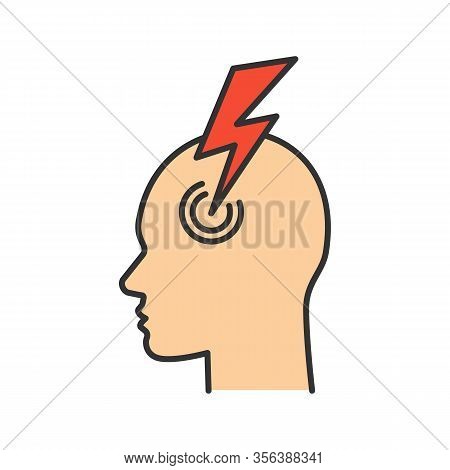 Migraine Color Icon. Human Head With Lightning Bolt. Thunderclap Headache. Temple Pressure, Tension,