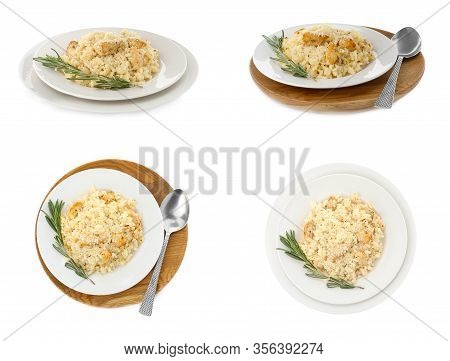Collage With Delicious Rissotos On White Background