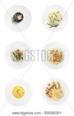 Collage With Delicious Rissotos On White Background, Top View
