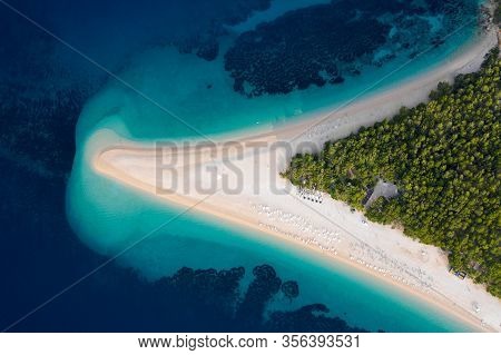 Aerial View At Summer Beach And Sea. Famous Place In Croatia From Above. Drone Air Photo.