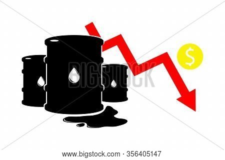 Vector Sign Of Oil. Statistics Dollar Down, Global Financial Crisis. Black Symbol Petroleum Isolated