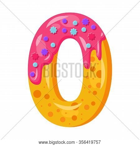 Donut Cartoon Zero Number Vector Illustration. Biscuit Font Style. Glazed Bold Symbol With Icing. Te