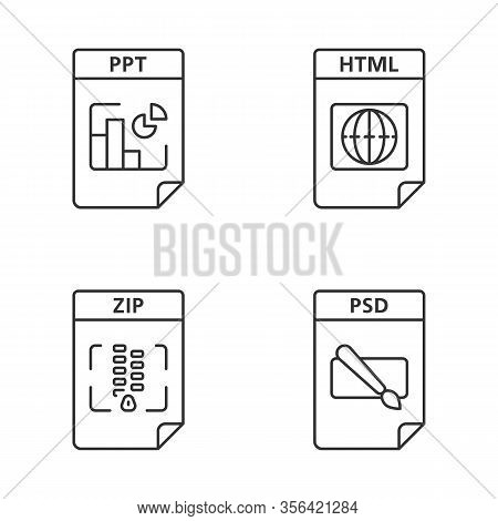 Files Format Linear Icons Set. Presentation, Webpage, Archive, Image Files. Ppt, Html, Zip, Psd. Thi