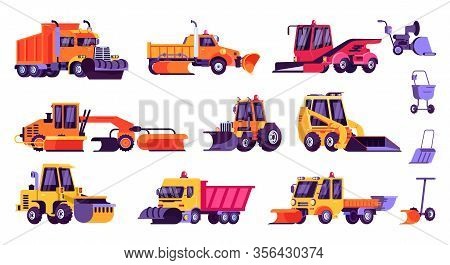 Snow Plow Truck Vector Illustration. Cartoon Colorful Professional Snowplow Tipper Traktor Truck Cle