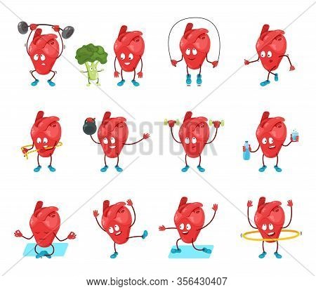 Cute Cartoon Heart Organ Vector Illustration. Happy Hearty Character In Healthy Sport Activity, Doin