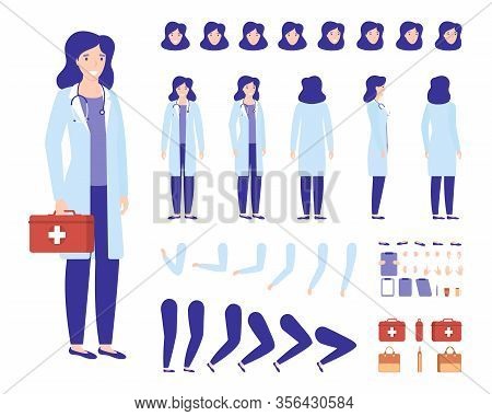 Doctor Woman Character Constructor For Animation Vector Illustration Set. Medical Cartoon Female Doc
