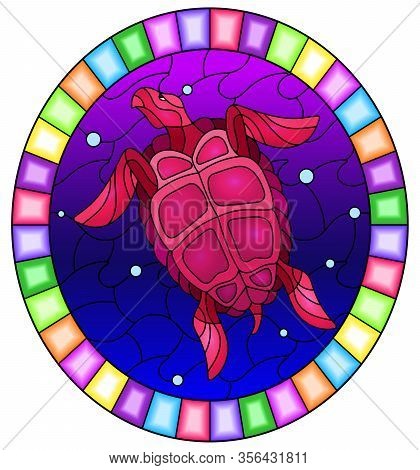 Illustration In Stained Glass Style With Abstract Sea Turtle On A Background Of Sea Waves And Air Bu