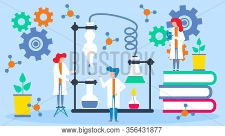 Scientists Analyze Data Vector Illustration. Group Of Scientists People Works In Team With Professor