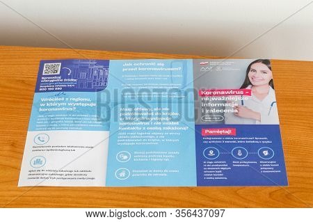 Pruszcz Gdanski, Poland - March 13, 2020: Leaflet About Coronavirus Covid-19 In Polish Language. Lea