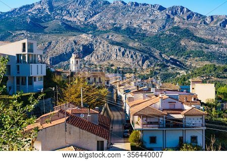 Benimantell, Spain - March 27, 2019: Spanish Mountains Rocky Landscape With Benimantell Valencian To