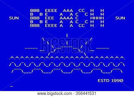 Beach In Old Computer Style Of Dos Symbols. Old School Rare Typographic Apparel Print. Vector Illust