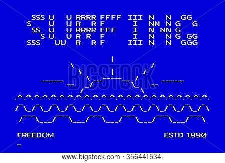Surfing In Old Computer Style Of Dos Symbols. Old School Rare Typographic Apparel Print. Vector Illu