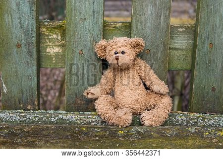 A Toy Teddy Bear Sits On A Bench On Which Green Paint Has Peeled Off. Abandoned, Forgotten Toy