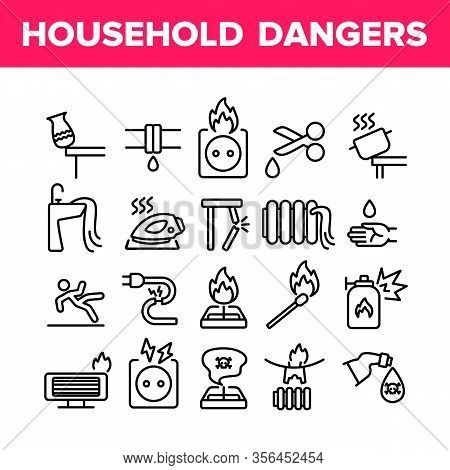 Household Dangers Collection Icons Set Vector. Short Circuit And Fire, Flood And Gas Leak, Balloon E