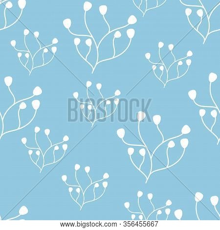 Floral Seamless Pattern With Meadow Flowers. Hand Drawn Plants On Blue Background. Simple Design For